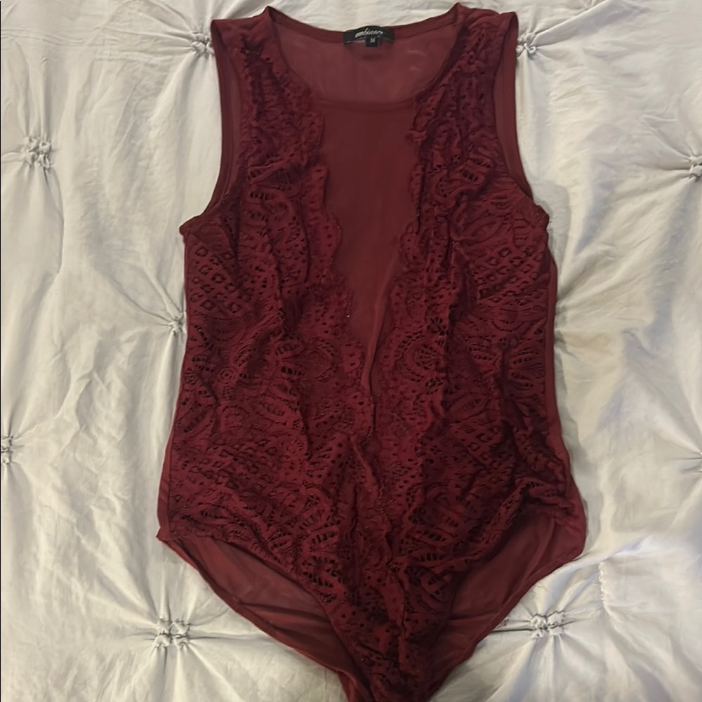 Sheer Lace Burgundy Bodysuit